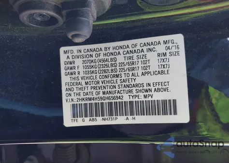 2016 Honda Cr-V Ex from USA, damaged, VIN 2HKRM4H59GH656942